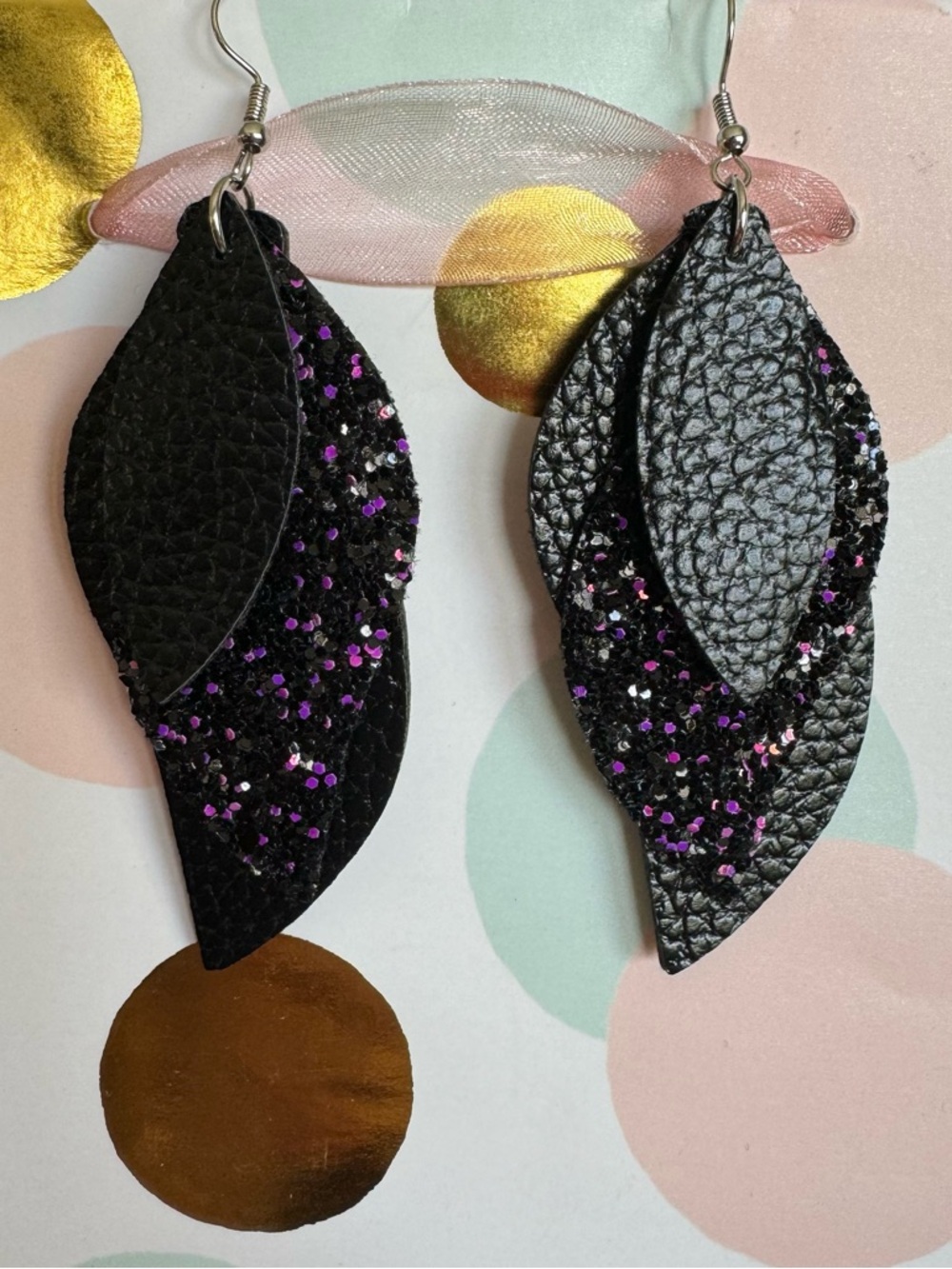 NWT Faux Leather 3 Layer Dangle Earrings